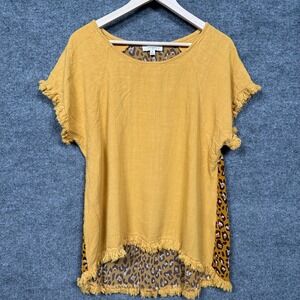 Umgee USA Womens Sz XL Top Mustard Brown Leopard Print Back Linen Cotton Fringe
